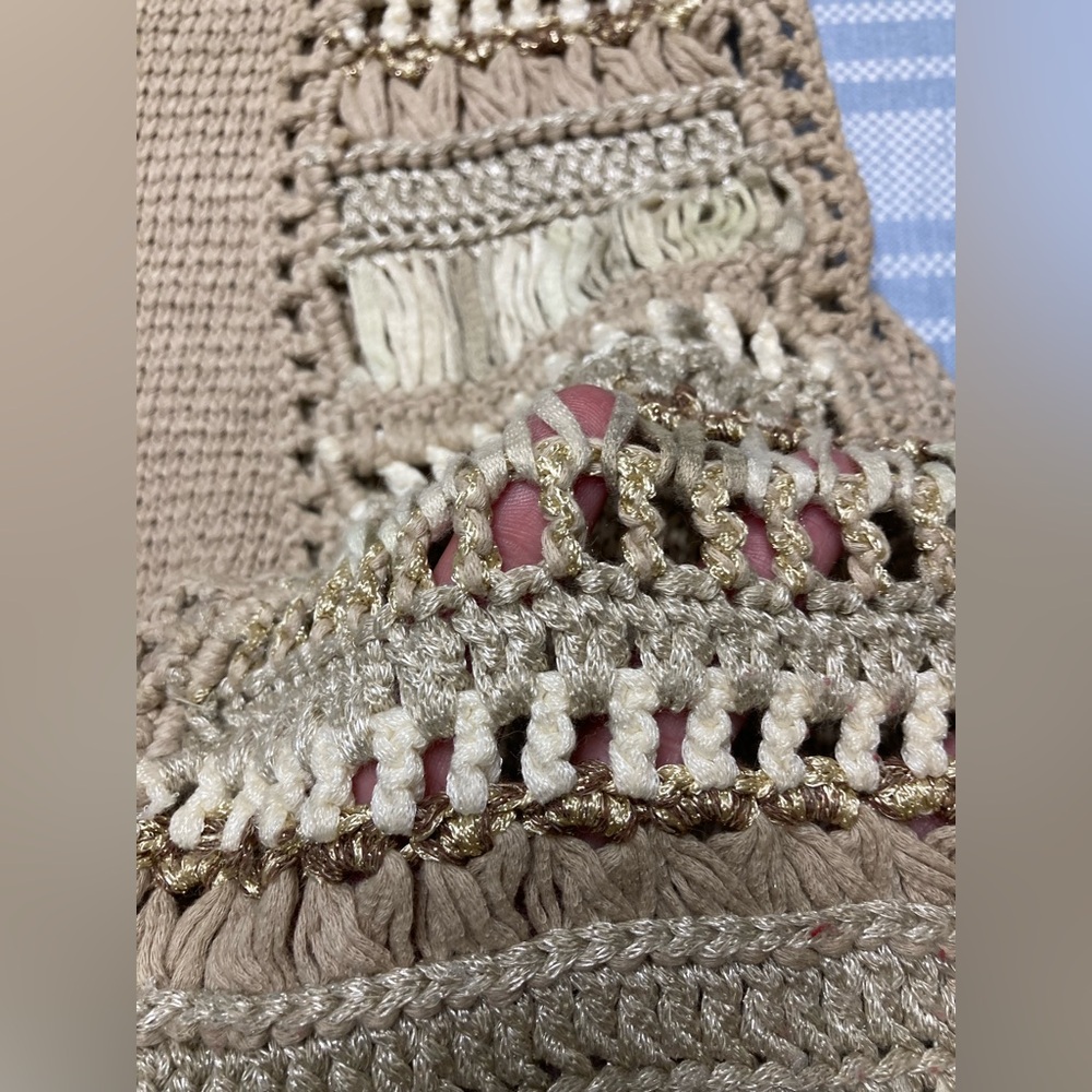 Chico’s beige and tan cropped vest with gold metallic threading throughout. - Picture 3 of 4